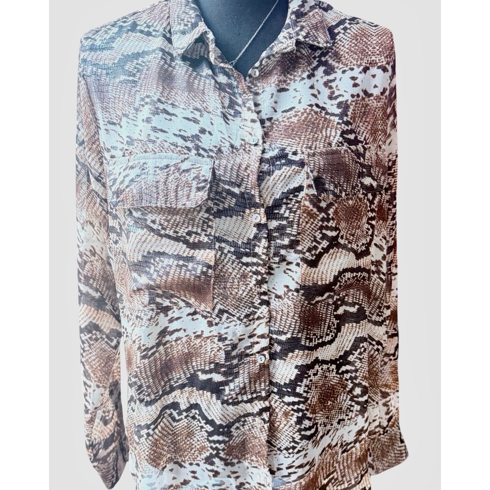 KUT From the Kloth Blouse M Snake Print Button Down Sheer Made USA